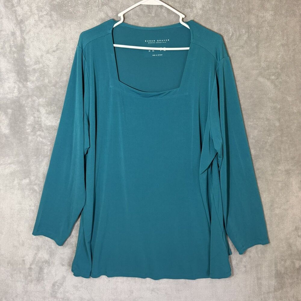 Susan Graver Top 2X Women's Teal Green Sleeves Square Neck Modern Liquid Knit
